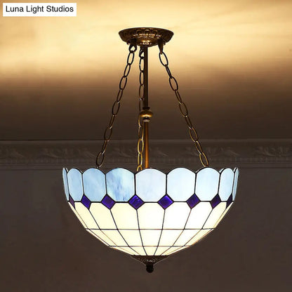 Tiffany-Style Pendant Light with Stained Art Glass Bowl Shade for Ceiling Suspension