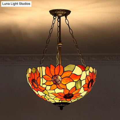 Tiffany-Style Pendant Light with Stained Art Glass Bowl Shade for Ceiling Suspension