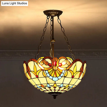 Tiffany-Style Pendant Light with Stained Art Glass Bowl Shade for Ceiling Suspension