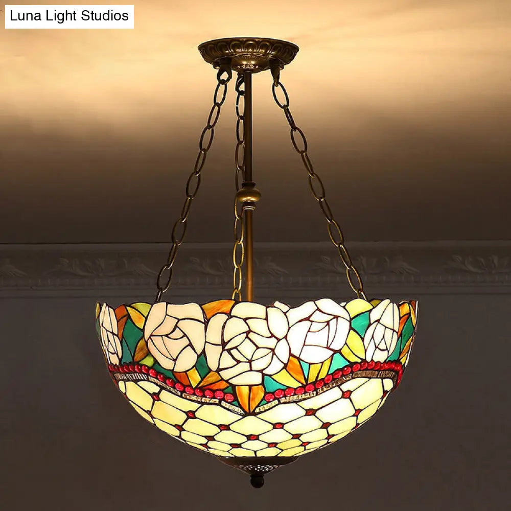 Tiffany-Style Pendant Light with Stained Art Glass Bowl Shade for Ceiling Suspension