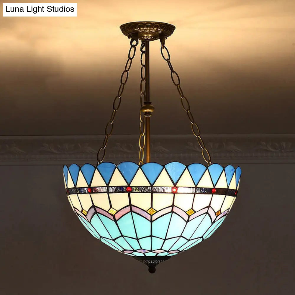 Tiffany-Style Pendant Light with Stained Art Glass Bowl Shade for Ceiling Suspension