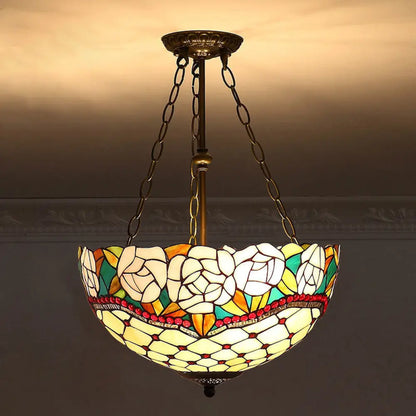 Tiffany-Style Pendant Light with Stained Art Glass Bowl Shade for Ceiling Suspension