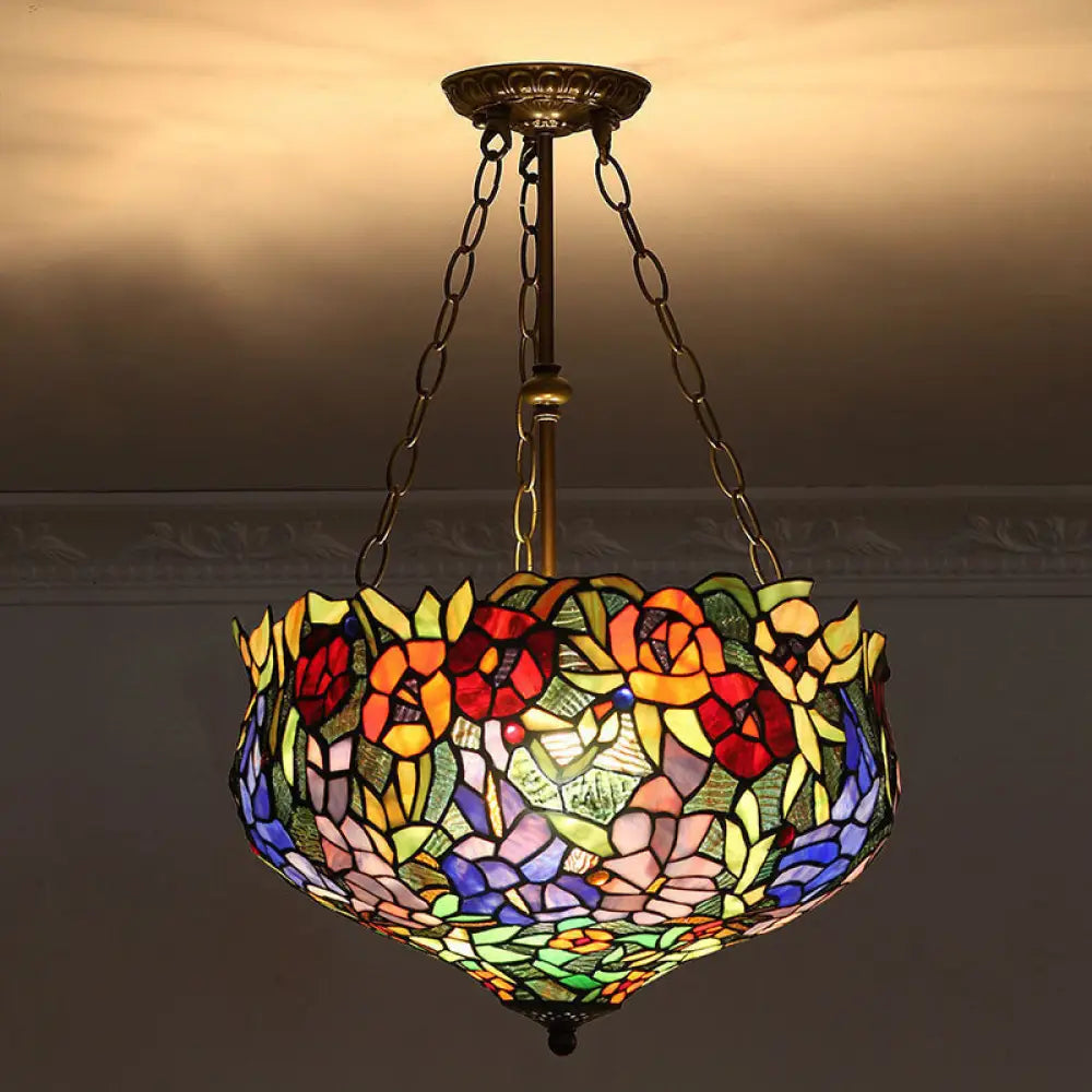 Tiffany-Style Pendant Light with Stained Art Glass Bowl Shade for Ceiling Suspension