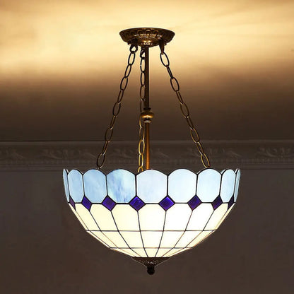 Tiffany-Style Pendant Light with Stained Art Glass Bowl Shade for Ceiling Suspension