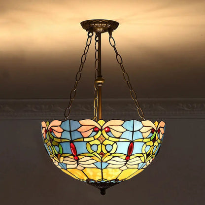 Tiffany-Style Pendant Light with Stained Art Glass Bowl Shade for Ceiling Suspension