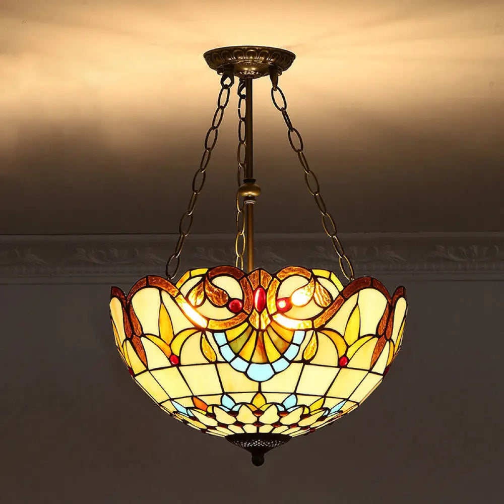 Tiffany-Style Pendant Light with Stained Art Glass Bowl Shade for Ceiling Suspension