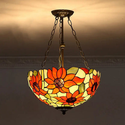 Tiffany-Style Pendant Light with Stained Art Glass Bowl Shade for Ceiling Suspension