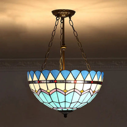 Tiffany-Style Pendant Light with Stained Art Glass Bowl Shade for Ceiling Suspension