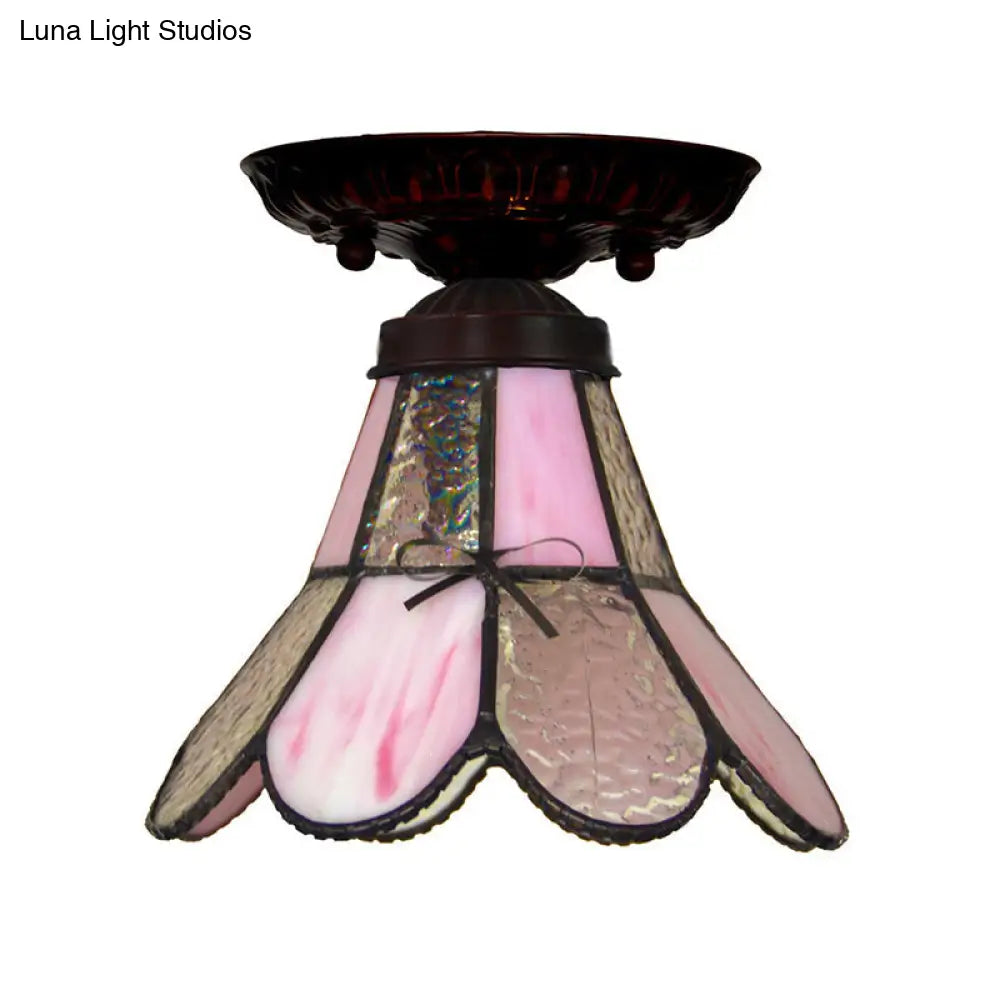 DecorBites™ DecorBites™ Tiffany Style Pink Glass Ceiling Flushmount Light Fixture - 1 Light Flower/Flared/Rhombus Design