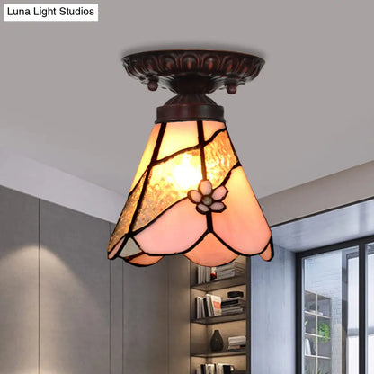 DecorBites™ DecorBites™ Tiffany Style Pink Glass Ceiling Flushmount Light Fixture - 1 Light Flower/Flared/Rhombus Design