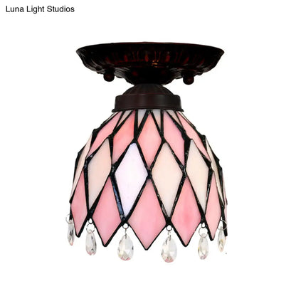 DecorBites™ DecorBites™ Tiffany Style Pink Glass Ceiling Flushmount Light Fixture - 1 Light Flower/Flared/Rhombus Design