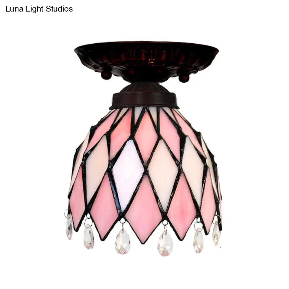 DecorBites™ DecorBites™ Tiffany Style Pink Glass Ceiling Flushmount Light Fixture - 1 Light Flower/Flared/Rhombus Design