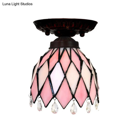 DecorBites™ DecorBites™ Tiffany Style Pink Glass Ceiling Flushmount Light Fixture - 1 Light Flower/Flared/Rhombus Design