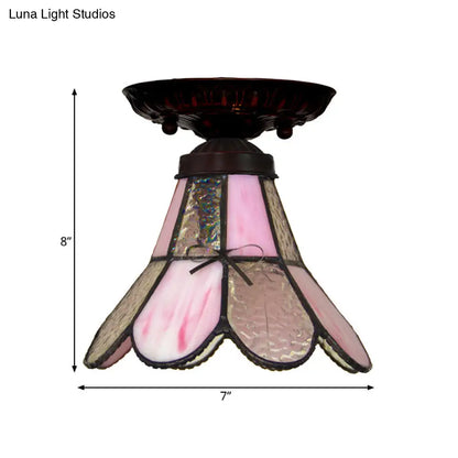 DecorBites™ DecorBites™ Tiffany Style Pink Glass Ceiling Flushmount Light Fixture - 1 Light Flower/Flared/Rhombus Design