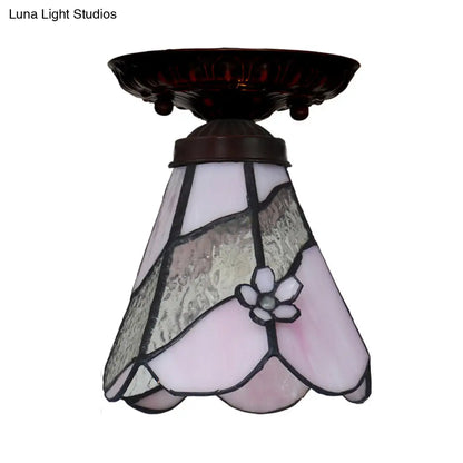DecorBites™ DecorBites™ Tiffany Style Pink Glass Ceiling Flushmount Light Fixture - 1 Light Flower/Flared/Rhombus Design