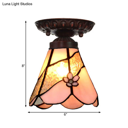 DecorBites™ DecorBites™ Tiffany Style Pink Glass Ceiling Flushmount Light Fixture - 1 Light Flower/Flared/Rhombus Design