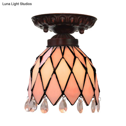 DecorBites™ DecorBites™ Tiffany Style Pink Glass Ceiling Flushmount Light Fixture - 1 Light Flower/Flared/Rhombus Design