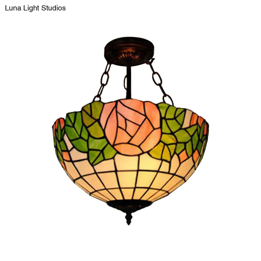 Tiffany Style Pink Glass Pendant Light - 2/3 Lights Bowl Suspended Fixture for Living Room, 12"/16" Width