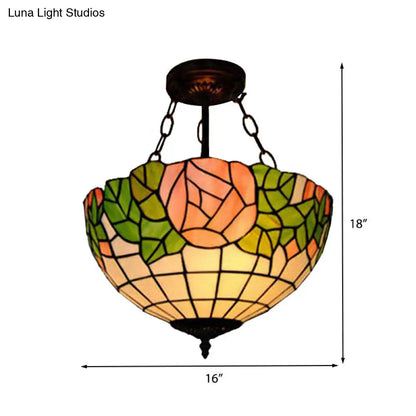 Tiffany Style Pink Glass Pendant Light - 2/3 Lights Bowl Suspended Fixture for Living Room, 12"/16" Width