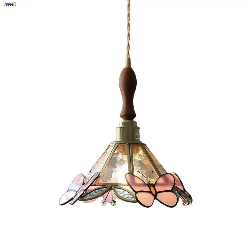 Tiffany style pink and peach butterfly glass flower led pendant lamp with stained glass shade and braided cord decorbites butterfly glass