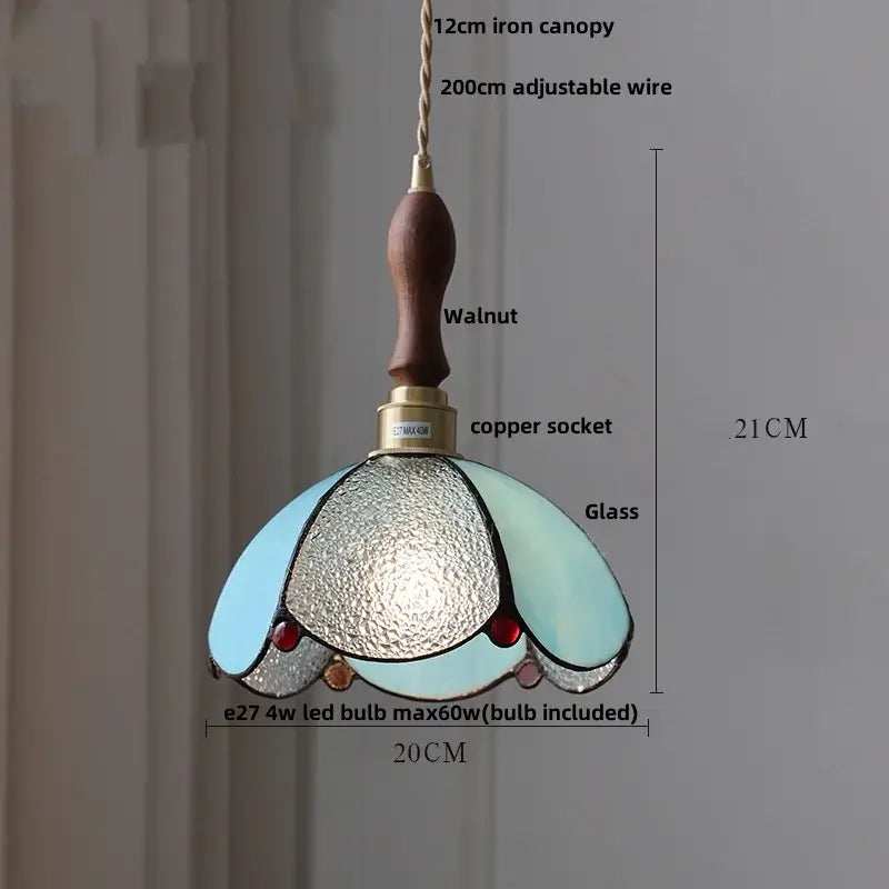 A tiffany style butterfly glass flower led pendant lamp with blue glass shade and walnut handle for bedroom decorbites