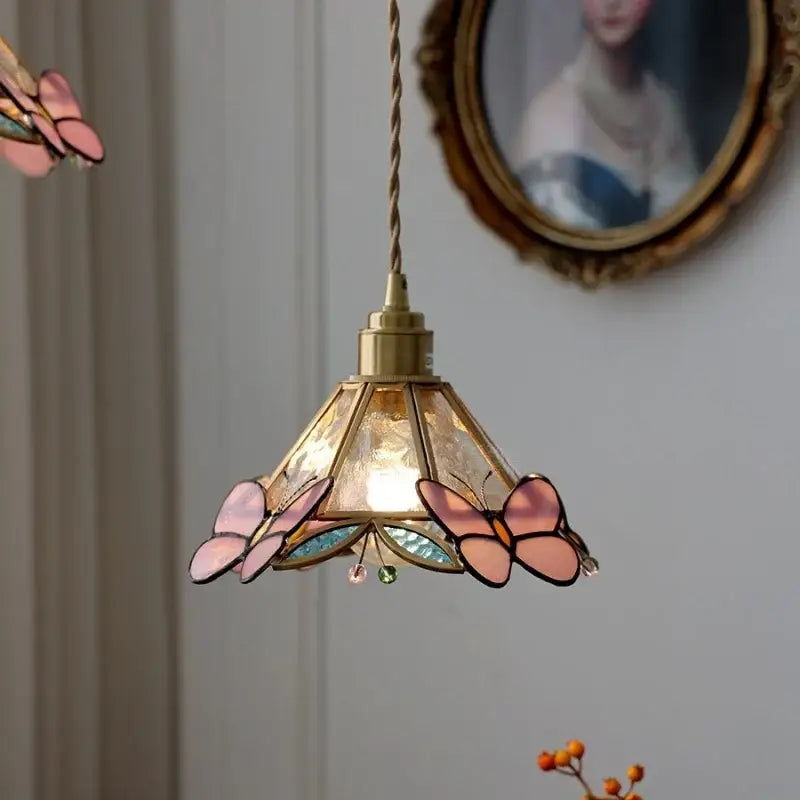Tiffany style pink and peach butterfly glass flower led pendant lamp with brass frame for bedroom decorbites butterfly glass