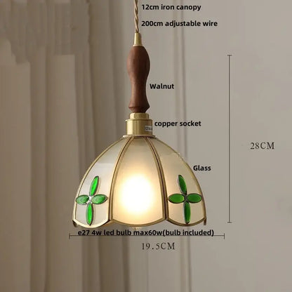 Tiffany style pink and peach butterfly glass flower led pendant lamp with warm glass, walnut handle, brass accents, and clover motifs