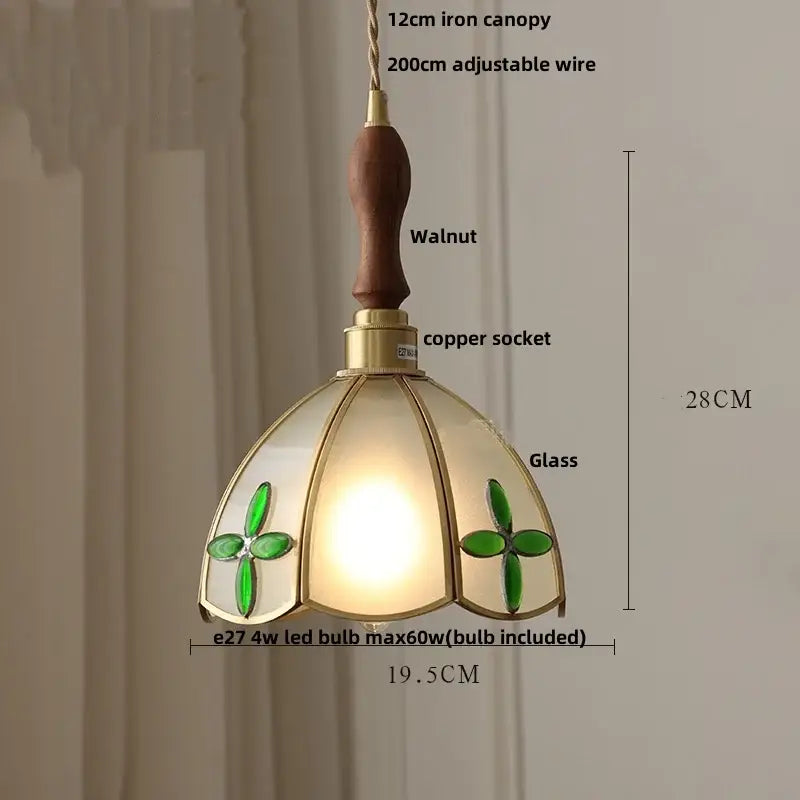 Tiffany style pink and peach butterfly glass flower led pendant lamp with warm glass, walnut handle, brass accents, and clover motifs