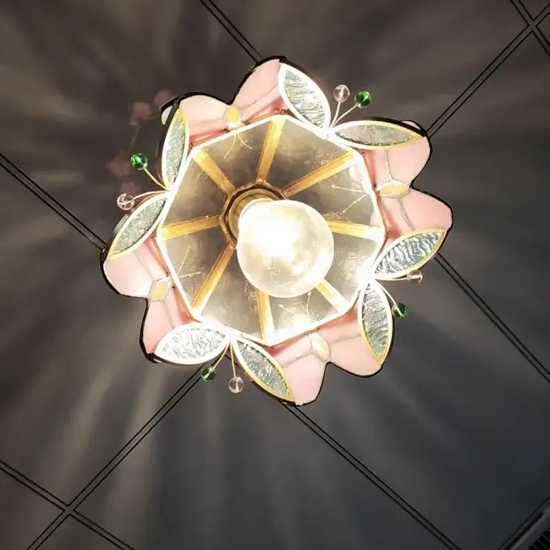 Tiffany style pink and peach butterfly glass flower led pendant lamp with delicate stained glass and gold accents for bedroom decorbites butterfly glass