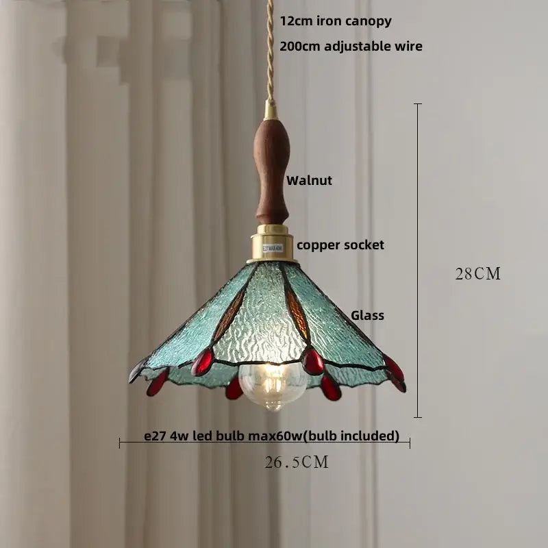 Teal and red butterfly glass flower led pendant lamp with walnut iron canopy for bedroom decorbites butterfly glass