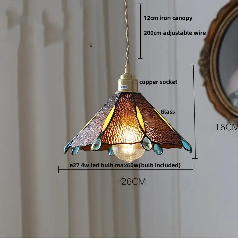Tiffany style pink and peach decorbites butterfly glass flower led pendant lamp with copper socket and iron canopy