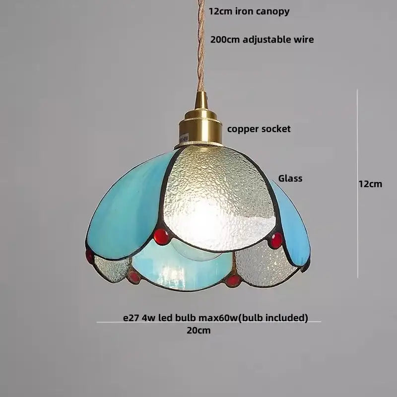 A tiffany style pink and peach butterfly glass flower led pendant lamp with turquoise glass shade and red bead accents