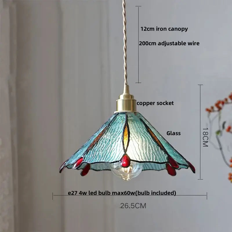 Teal and amber leaf stained glass pendant light with copper socket and twisted iron canopy for bedroom decorbites butterfly glass