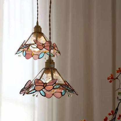 Tiffany style pink and peach butterfly glass flower led pendant lamp with brass finish for bedroom decorbites butterfly glass