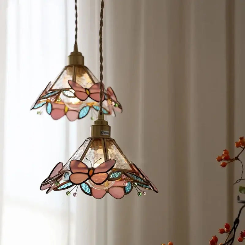 Tiffany style pink and peach butterfly glass flower led pendant lamp with brass finish for bedroom decorbites butterfly glass