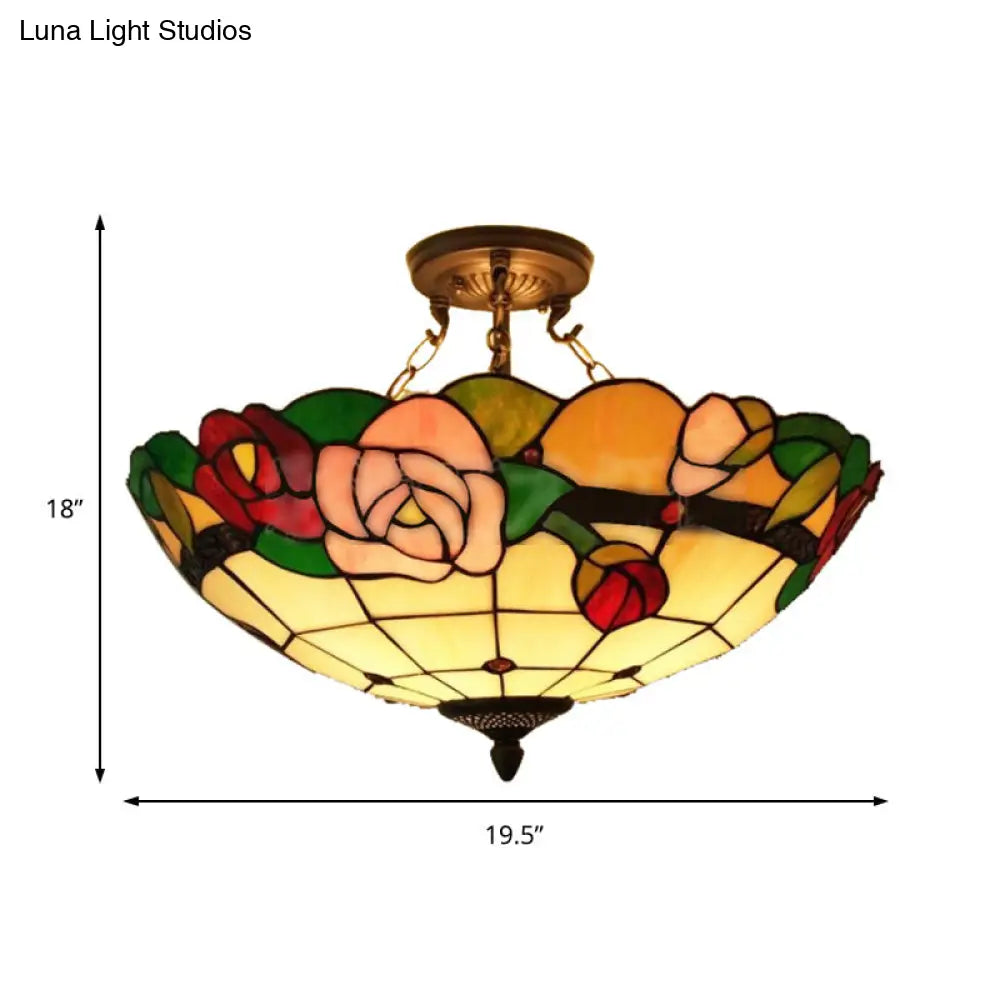 Tiffany Style Rose Stained Glass Semi Flushmount Light Set - Ideal for Living Room