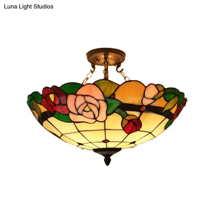 Tiffany Style Rose Stained Glass Semi Flushmount Light Set - Ideal for Living Room