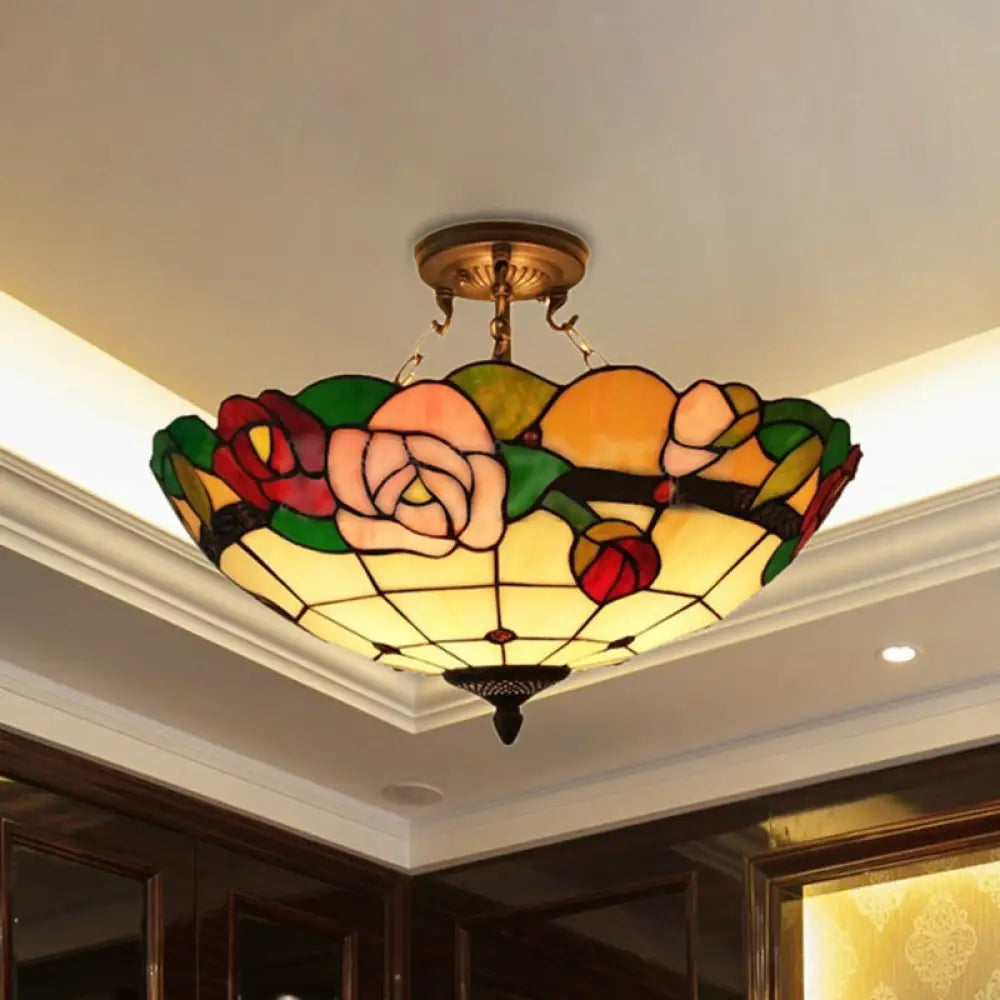 Tiffany Style Rose Stained Glass Semi Flushmount Light Set - Ideal for Living Room