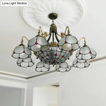 Tiffany Style Scalloped Flower Chandelier Pendant Light in Bronze with Ripple Glass