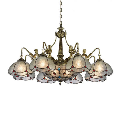 Tiffany Style Scalloped Flower Chandelier Pendant Light in Bronze with Ripple Glass