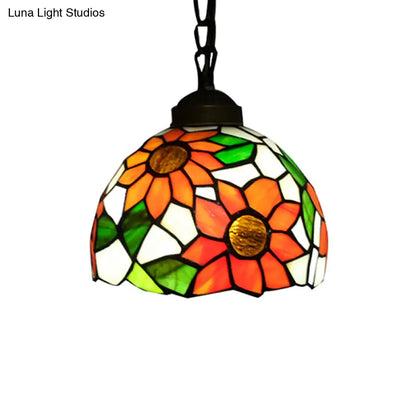 Tiffany-Style Stained Art Glass Hemisphere Pendant Lamp - Red/Orange/Green - Ceiling Hanging Light