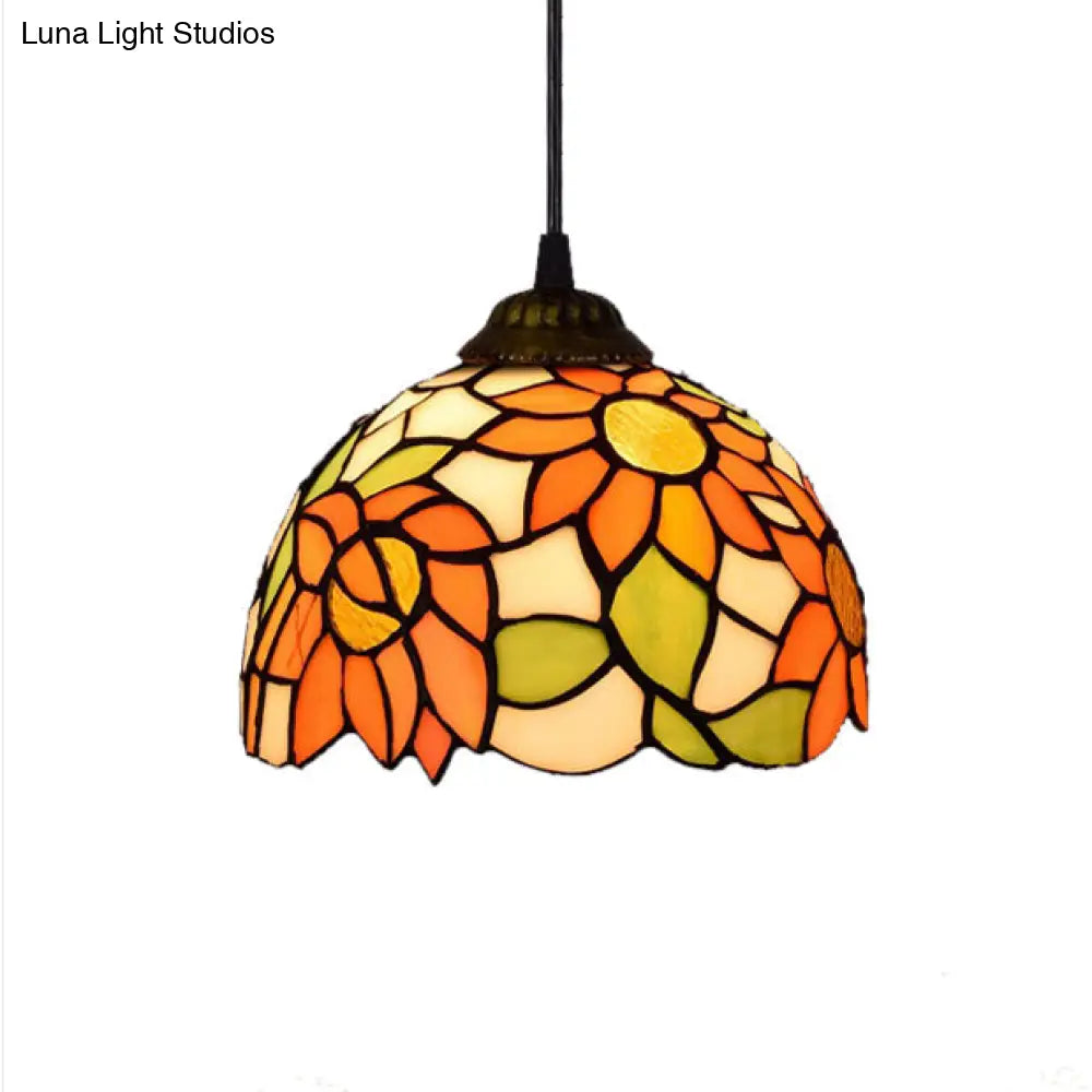 Tiffany-Style Stained Art Glass Hemisphere Pendant Lamp - Red/Orange/Green - Ceiling Hanging Light