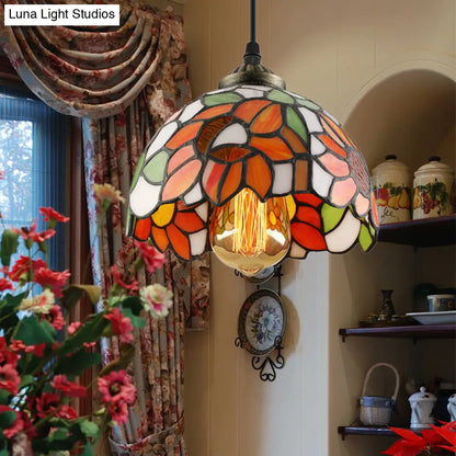 Tiffany-Style Stained Art Glass Hemisphere Pendant Lamp - Red/Orange/Green - Ceiling Hanging Light