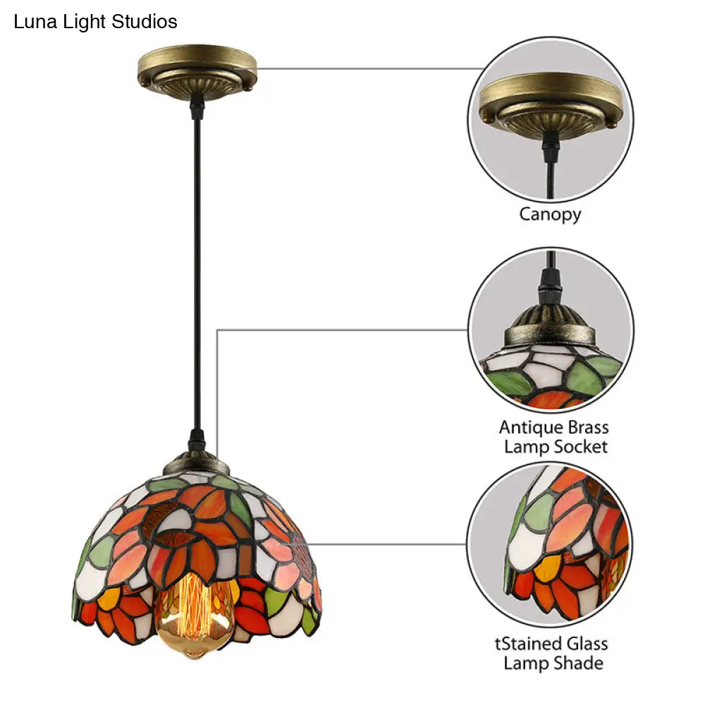 Tiffany-Style Stained Art Glass Hemisphere Pendant Lamp - Red/Orange/Green - Ceiling Hanging Light