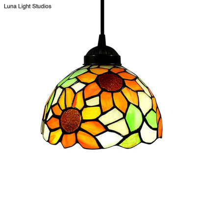 Tiffany-Style Stained Art Glass Hemisphere Pendant Lamp - Red/Orange/Green - Ceiling Hanging Light