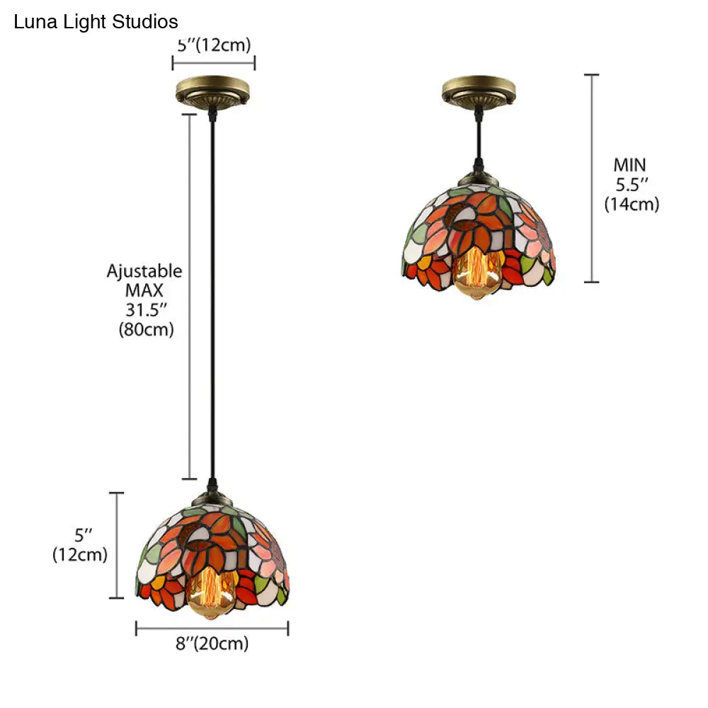 Tiffany-Style Stained Art Glass Hemisphere Pendant Lamp - Red/Orange/Green - Ceiling Hanging Light