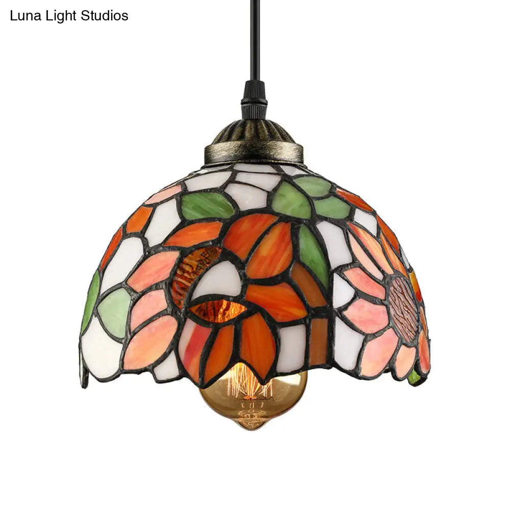 Tiffany-Style Stained Art Glass Hemisphere Pendant Lamp - Red/Orange/Green - Ceiling Hanging Light