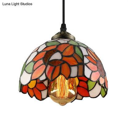 Tiffany-Style Stained Art Glass Hemisphere Pendant Lamp - Red/Orange/Green - Ceiling Hanging Light