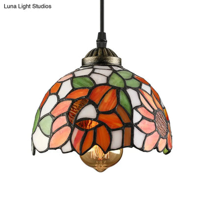 Tiffany-Style Stained Art Glass Hemisphere Pendant Lamp - Red/Orange/Green - Ceiling Hanging Light