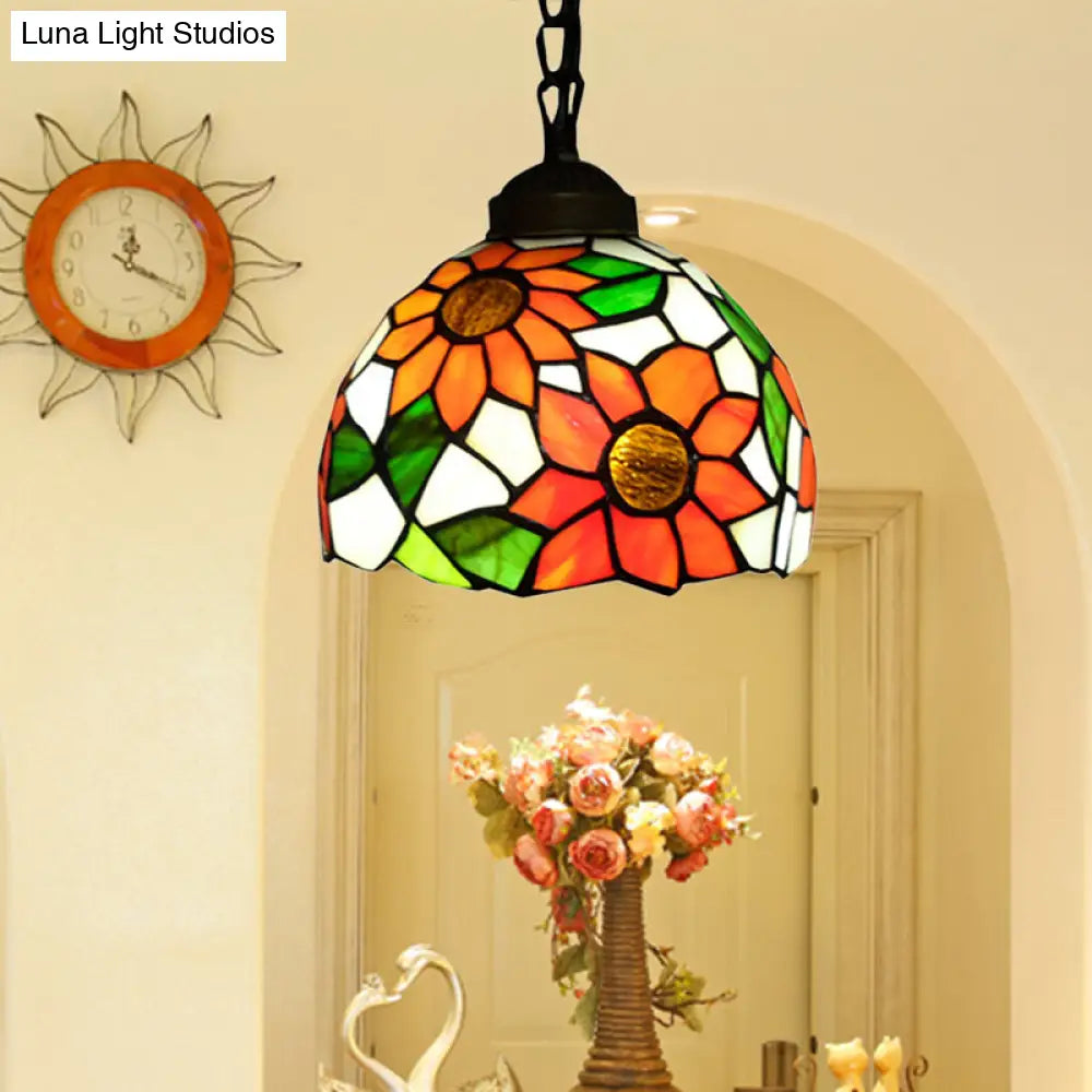 Tiffany-Style Stained Art Glass Hemisphere Pendant Lamp - Red/Orange/Green - Ceiling Hanging Light